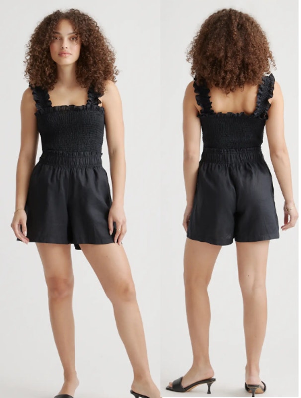Quince 100% European Linen Smocked High Wasted Shorts Black Size Medium